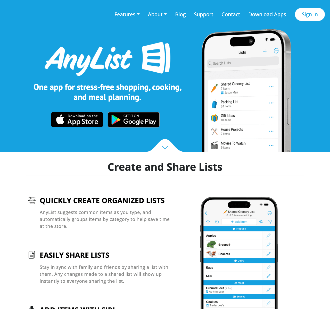 AnyList product page showing shared shopping lists and grocery categories