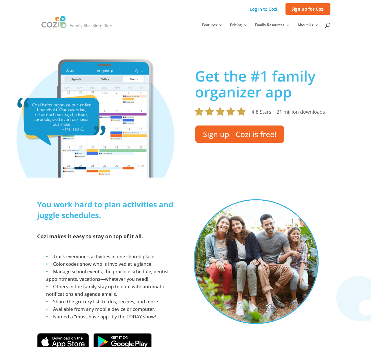 Cozi product page showing its family calendar interface