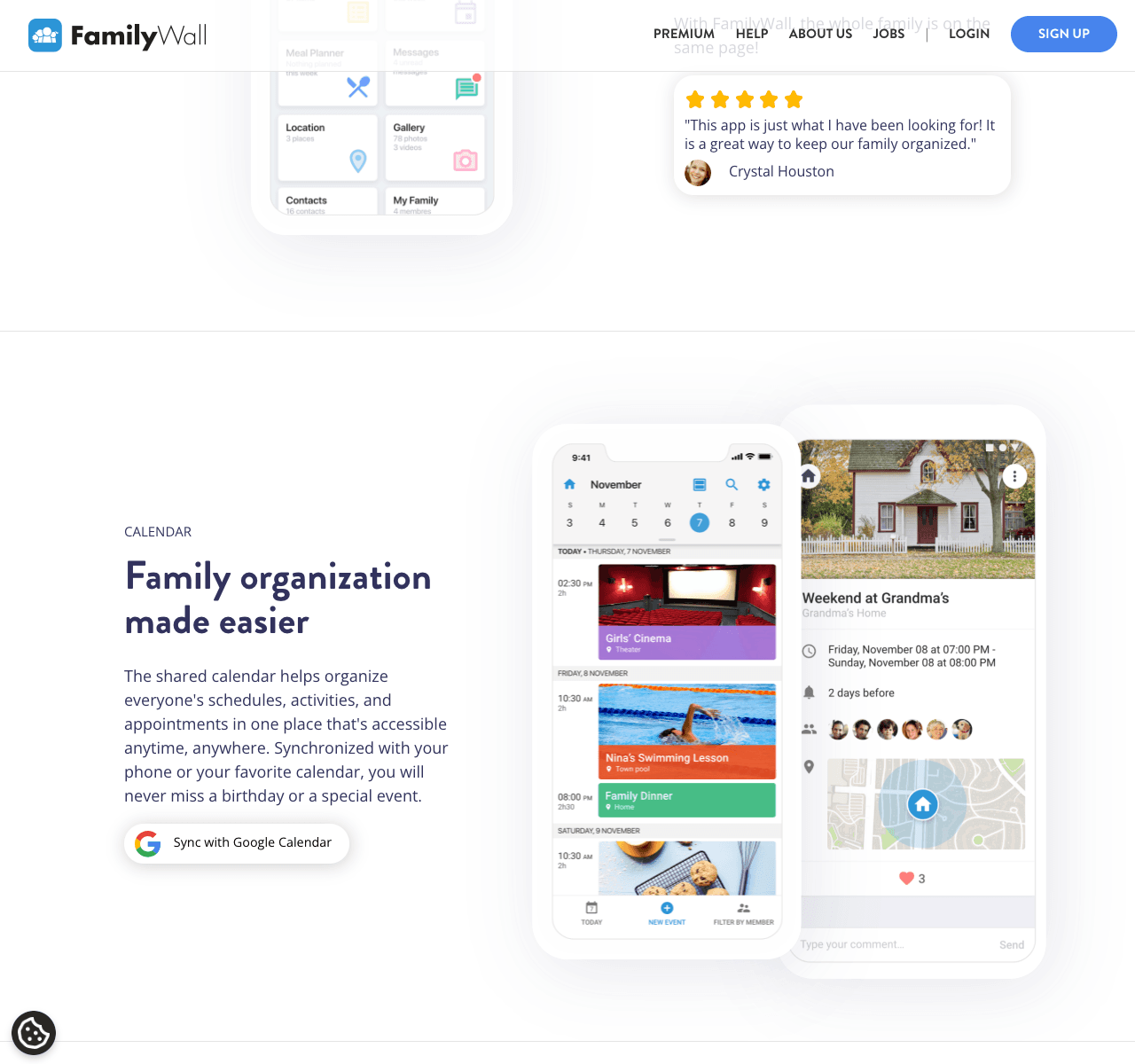 FamilyWall product page showing calendar agenda and event details