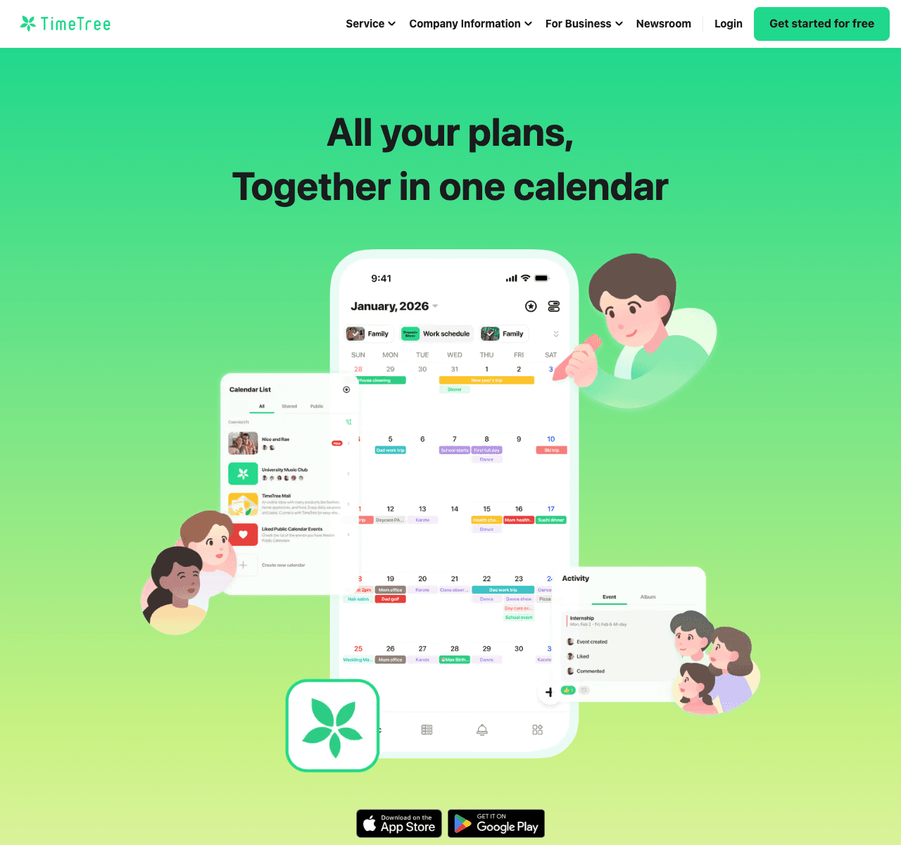 TimeTree product page showing shared calendars and event activity