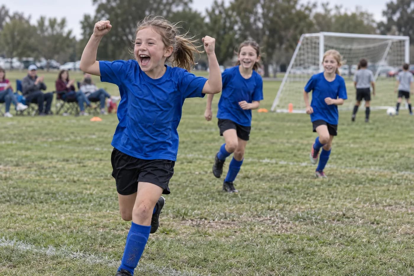 A girl in a blue soccer jersey cheering after scoring a goal, her teammates running up behind her