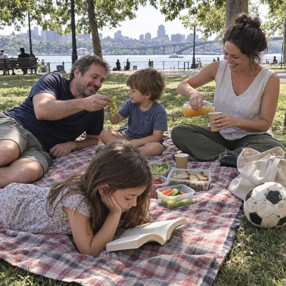 A family picnic on a checkered blanket in a park by the river